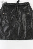 Summer Autumn Gold Shiny Faux Leather Skirt Women with Sashes A Line Korean Style Clothes Streetwear 2023 Runway