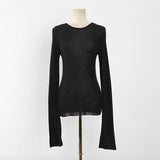 See Through High Quality Plain T Shirt Women Cotton Elastic Basic Long Sleeve Sheer Slim Ladies T-Shirt Korean Style