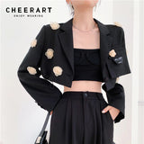 Designer Black Cropped Blazer Fall 2021 Womens Fashion Floral Patch High Fashion Coat And Jacket Short Suits