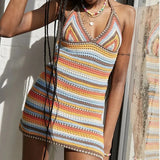 Style Knitted Dress Chic Women Summer Sexy Backless Deep V-neck Halter Dress Y2K Streetwear Vacation Casual