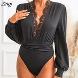 PETAL Plunge Neck Lace Bodysuit For Woman Solid Black Sexy Long Sleeve Bodysuit Jumpsuits 2023 Female Spring Autumn