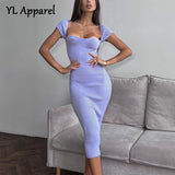 Woman Spring Summer Square Collar Short Sleeve Bodycon Knitted Mid-calf Office Dress Female Green Purple Elegant