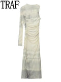 Print Tulle Long Dress Women Off Shoulder Mesh Dress Woman Asymmetric Long Sleeve Midi Dresses Semi Sheer Midi