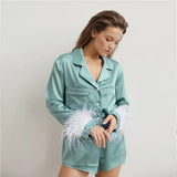 Blue long-sleeved shirt top + shorts two-piece suit casual pajamas women's home service fashion women's feather