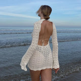 Long Sleeve Backless Knit Dress Summer Sexy Blue Y2k Mini Hollow Out 2022 Women Bodycon Club Beach Party