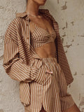 Tracksuit Stripe Shirt Shorts Three Piece Set Long Sleeve Top And Mini Shorts Outfit Female 2022 Summer Lady New