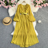 Zingj And Summer New Light Mature Temperament French Socialite Long Sleeve Waist Show Thin Dress Female Waist Pleated V Neck