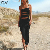 Sexy Hollow Out High Slit Women Dress Black Spaghetti Strap Elegant Dress Female Summer Slim Fashion Party Clubwear