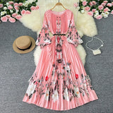Zingj New Women's Dress Oversized Skirt Print Pleated Waist Lace Holiday