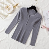 2021 Autumn Winter Button V Neck Sweater Women Basic Slim Pullover Women Sweaters And Pullovers Knit Jumper Ladies