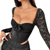 Sexy Waist Splicing Set-Up In Front Of The Bow Tied With Long-Sleeved Lace Small Coat