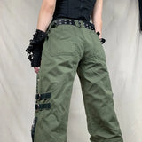 Grunge Green Zipper Jeans Bandage Low Waist Cargo Pants Gothic Punk Baggy Retro Kawaii Trousers Women Korean