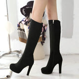 Gray Women Flock Square High Heel Knee High Boots Fashion Platform Zipper Boots Autumn Winter Woman Shoes Brown Wine