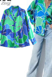 2023 Print Satin Shirt Woman Blue Button Up Shirt Women Vintage Long Sleeve Shirts And Blouses Women Casual Loose