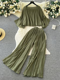 Senior Pleated Suits Long Flare Sleeves Ruched Top+High Waist Wide Legs Pants Female 2023 Autumn Solid Streetwear