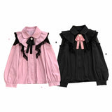Kawaii Girl Sweet Cute Lolita Hollow Out Shirt Autumn Y2k Aesthetic Lace All Match Blouse Top Women New JK Loose