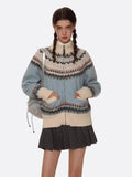 Blue Printed Stand Collar Knitted Cardigan- Outfit