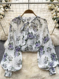 Korean Print Chiffon Shirt Bow Neck Long Sleeves Loose Leopard Top Casual Paisley Vintage Floral Blouse Spring
