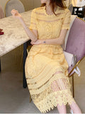Elegant Midi Lace Dress For Women Fashion One Piece Offcie Lady Korea Style Party Cothing