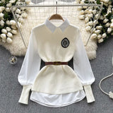 Zingj Style Advanced Sense Light Luxury Socialite Suit Female Autumn And Winter Pure Color Loose Long-Sleeved Shirt Sleeveless Knit