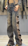 Y2K Streetwear Harajuku Butterfly Decoration Denim Pants Women's High Waist Embroidery Loose Straight Hole Ripped