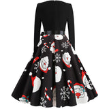 Women Winter Christmas Dress Vintage Santa Printed V-Neck Long Sleeve Swing Sexy Xmas Party Festival Dress
