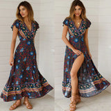 Maxi Dress Women 2023 Short Sleeve Casual V Neck Floral Print Boho Beach Long Dress S~5XL Sexy Split Party