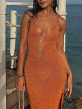 Knit Cut-Out Strappy O-Neck Midi Dress- Outfit