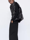 Women Black Pu Puffy Vest American Streetwear Winter Thick Parkas Jacket Fashion Outwear Faux Leather Down Waistcoat