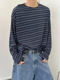 Men's Autumn New Lazy Ins Literature And Art Simple Loose Haired Round-Neck Striped Long-Sleeved T-Shirt Popular