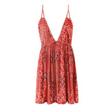 Queens Women Floral Print Deep V-neck Sleeveless Beach Bohemian Dresses Ladies Cotton Boho Mini Dress