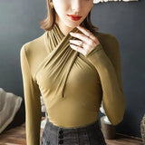 Halter Collar Elegant Tshirts Women Long Sleeve Soft Base Tees 2023 Autumn Winter Female T Shirt