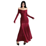 Autumn And Winter New Women's Pure Color Temperament Sexy Word High Waist Waist Dress Dress
