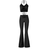 Y2K Streetwear Sexy Bandage Blue Co-ord Suits 2000s Fashion Drawstring Halter Top and High Waist Flare Pants 2 Piece