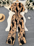 Beach Summer Floral Jumpsuits Fashion V Neck Elastic Slim Short Sleeve 2023 Streetwear Vacation Retro Long