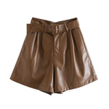 Winter New Women Orange Color PU Bermuda Shorts Faux Leather Belted