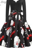 Women Winter Christmas Dress Vintage Santa Printed V-Neck Long Sleeve Swing Sexy Xmas Party Festival Dress