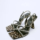 ZAR 2022 Summer Leopard Pumps for Women Fashion Ponited Toe Rhinestone Interchangeable Strap Party Heels Feminine Vintage