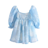 Summer Women Blooming Sky Color Organza Princess Dress Female Sexy Square Neck Puff Sleeve Mini Party Dress Short