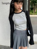 American Retro T Shirt Women Skinny Long Sleeve Crop Tops Y2k Vintage Tshirts Autumn 2000s Streetwear Tee Tops