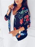Women Autumn Retro Floral Print Zipper Short Casual Jacket Long Sleeve Outwear Basic Jacket Bombe Famale