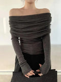 French Off Shoulder Slim Long Sleeve Knit-Outfit
