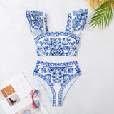 Blast Breast High-Waisted Split Swimsuit Women 2025 New Bikini Two Sets Of Lotus Edges INS Retro Print