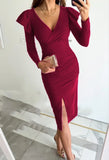 Zingj 2023 Deep V-Neck Personality Temperament Closed Waist Open Fork Solid Color Long-Sleeved