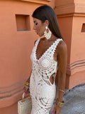 Crochet Hollow Out Knitted Slim Maxi Dress Women Sexy V-neck Backless Sleeveless Robe 2024 Summer Lady Fashion