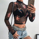 Zingj Sleeve Cupid Print T-Shirt Girl Autumn Burst Half High Collar Mesh Crop Street Top Girl-Outfit