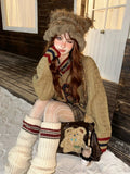 Brown V-neck Letter Print Oversize Sweater- Outfit