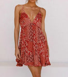 Queens Women Floral Print Deep V-neck Sleeveless Beach Bohemian Dresses Ladies Cotton Boho Mini Dress