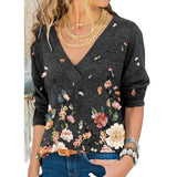 YX Women's Clothing Autumn and Winter New Fashion Women's V-neck Flower Print Long-sleeved Casual Loose T-shirt Plus
