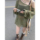 Zingj Sweet Gentle Loose Sweater Fold Wear Outside Smoouse Hollow Out Inclined Collar Shoulder Long Sleeve Knit Sweater Jacket Female-Outfit